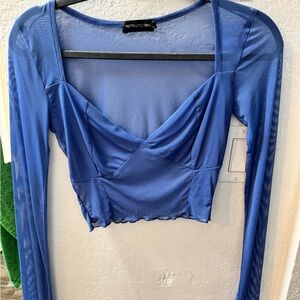 PrettyLittleThing Blue Ruched Long Sleeve Crop Top